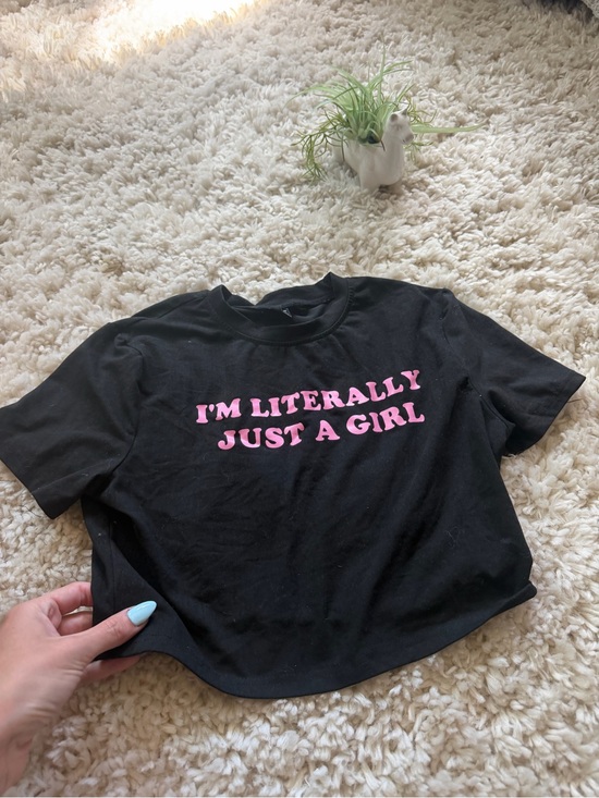 Tops - Black Crop Tee with Pink Slogan I’m just a girl - Women's Casual Graphic Top